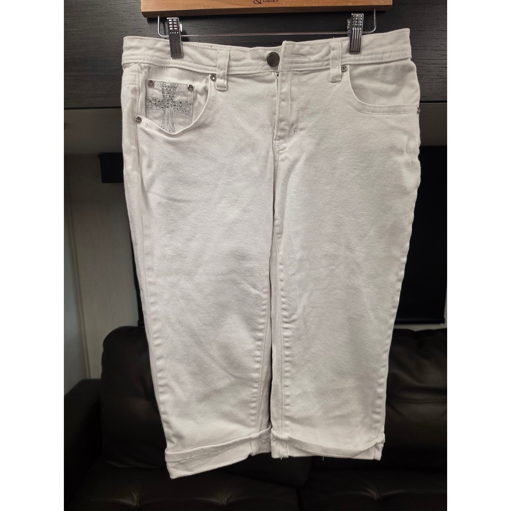 Earl Jean White Denim Capris Rhinestone Cross Pockets Y2K Cropped Pants 8P